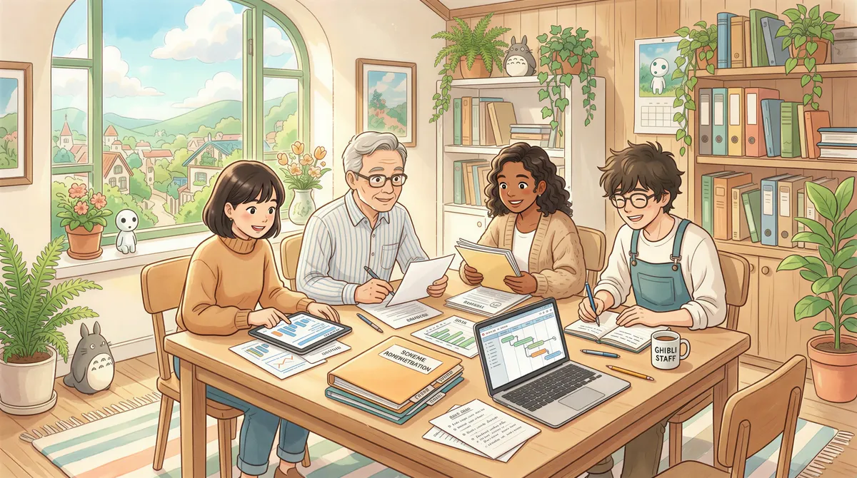 Studio Ghibli style. A small team around a table reviewing scheme administration tasks on screens and papers. Warm pastels, soft glow, plants in a bright office; diverse colleagues collaborating.