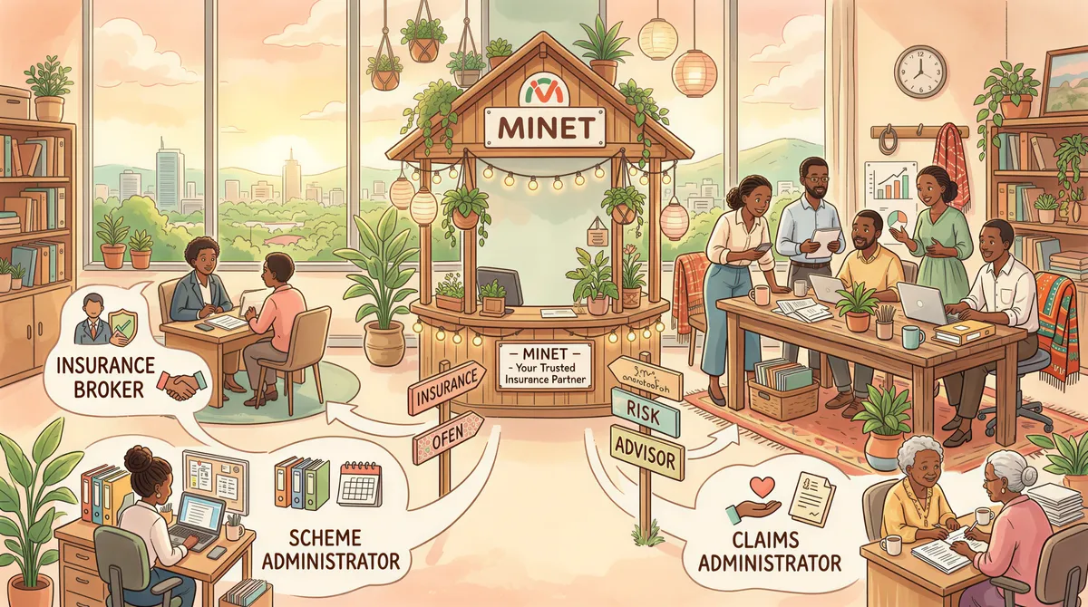 Studio Ghibli-style visualization of Minet's roles: broker, scheme administrator, risk advisor, and claims administrator