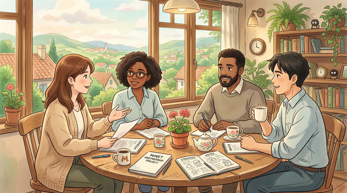 Collaborative partnership discussion about Minet opportunities in a warm Studio Ghibli scene
