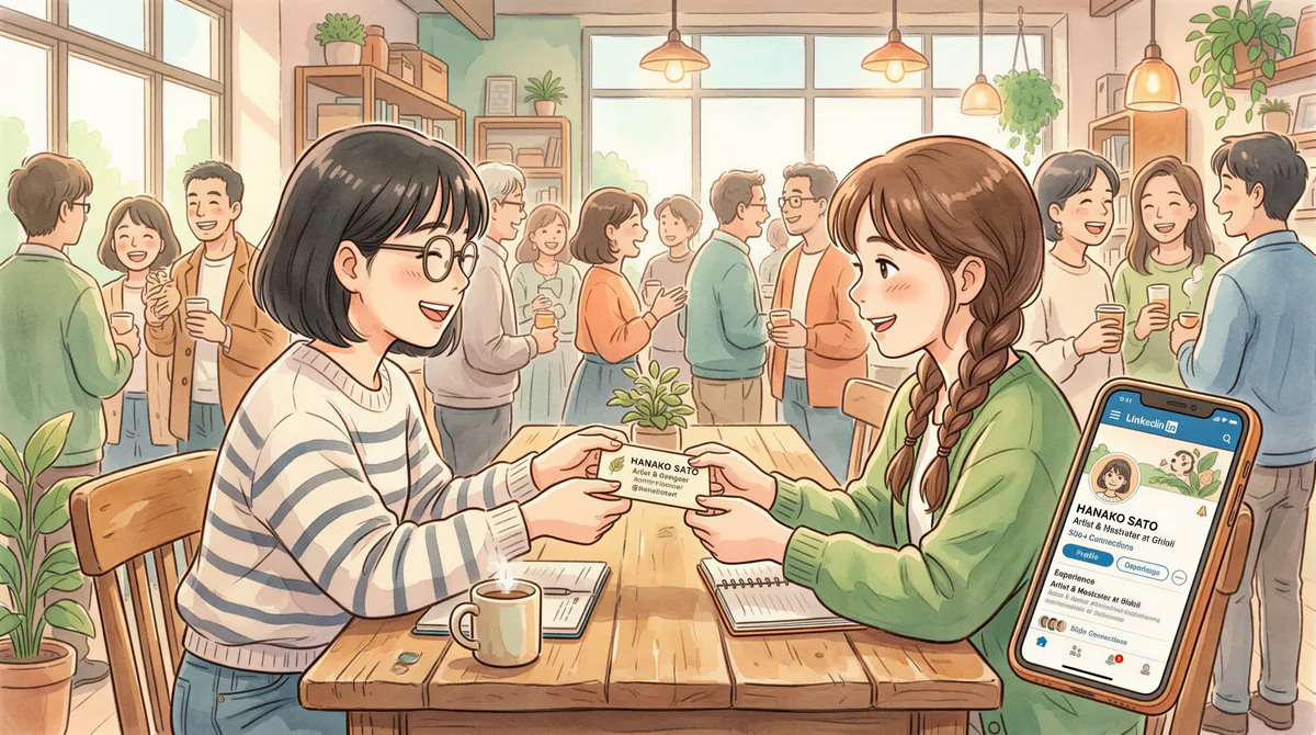 Insurance agent exchanging business cards and connecting digitally at an event