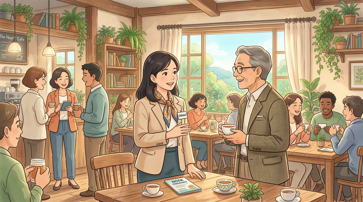 Insurance agent at a networking event building trust through face-to-face conversations
