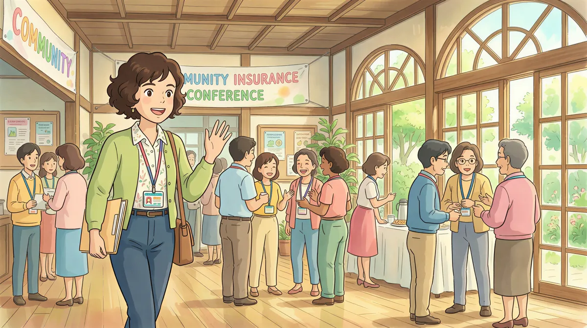 Insurance agent entering venue and starting conversations with attendees