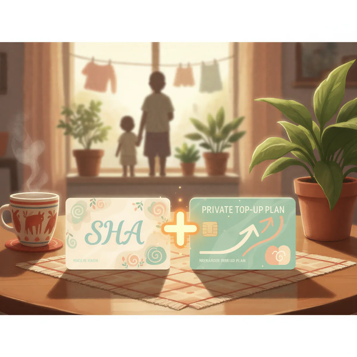 SHA vs private insurance card upgrade concept in Kenya, two cards on a wooden table with a plus sign