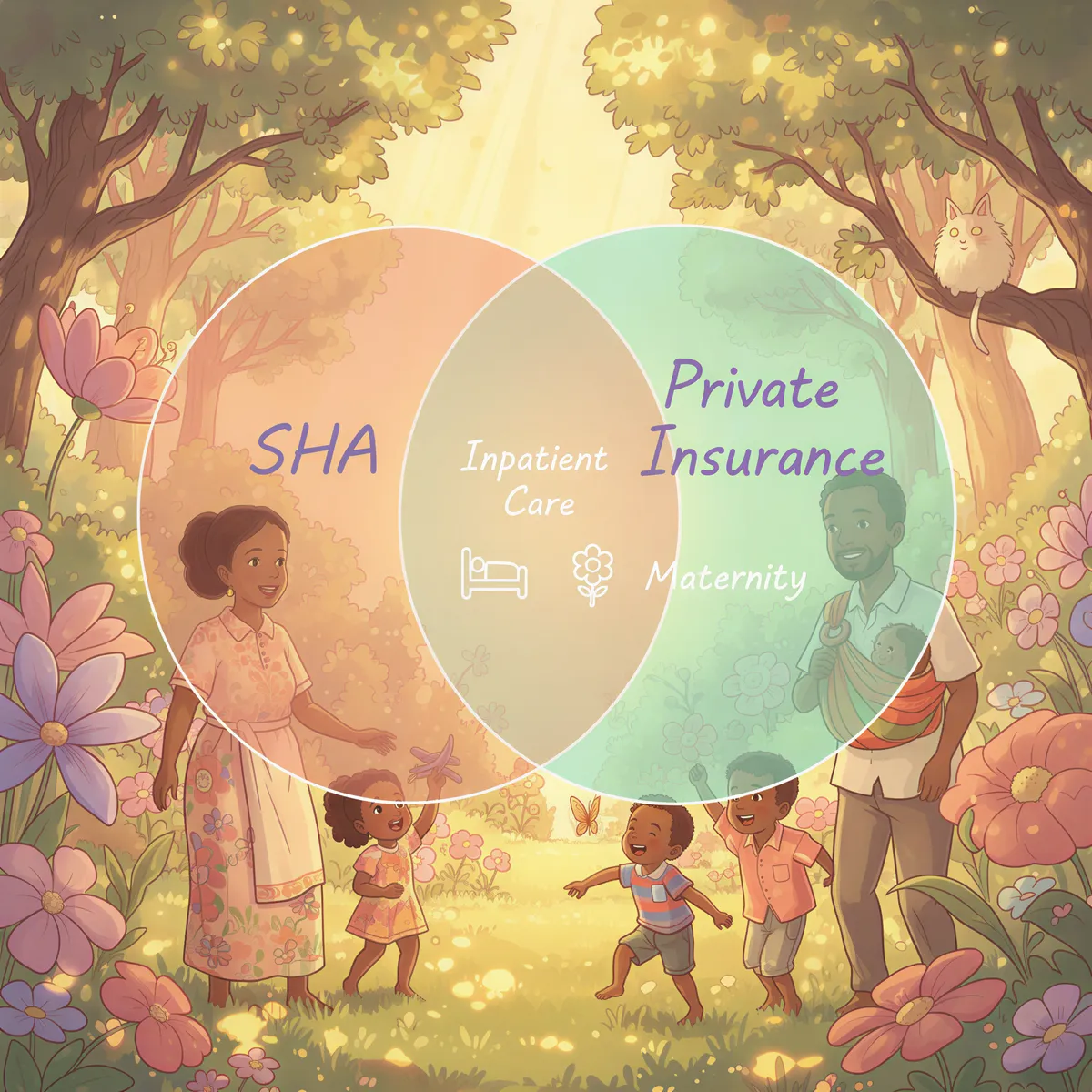 Venn diagram showing how SHA and private insurance complement each other in Kenya