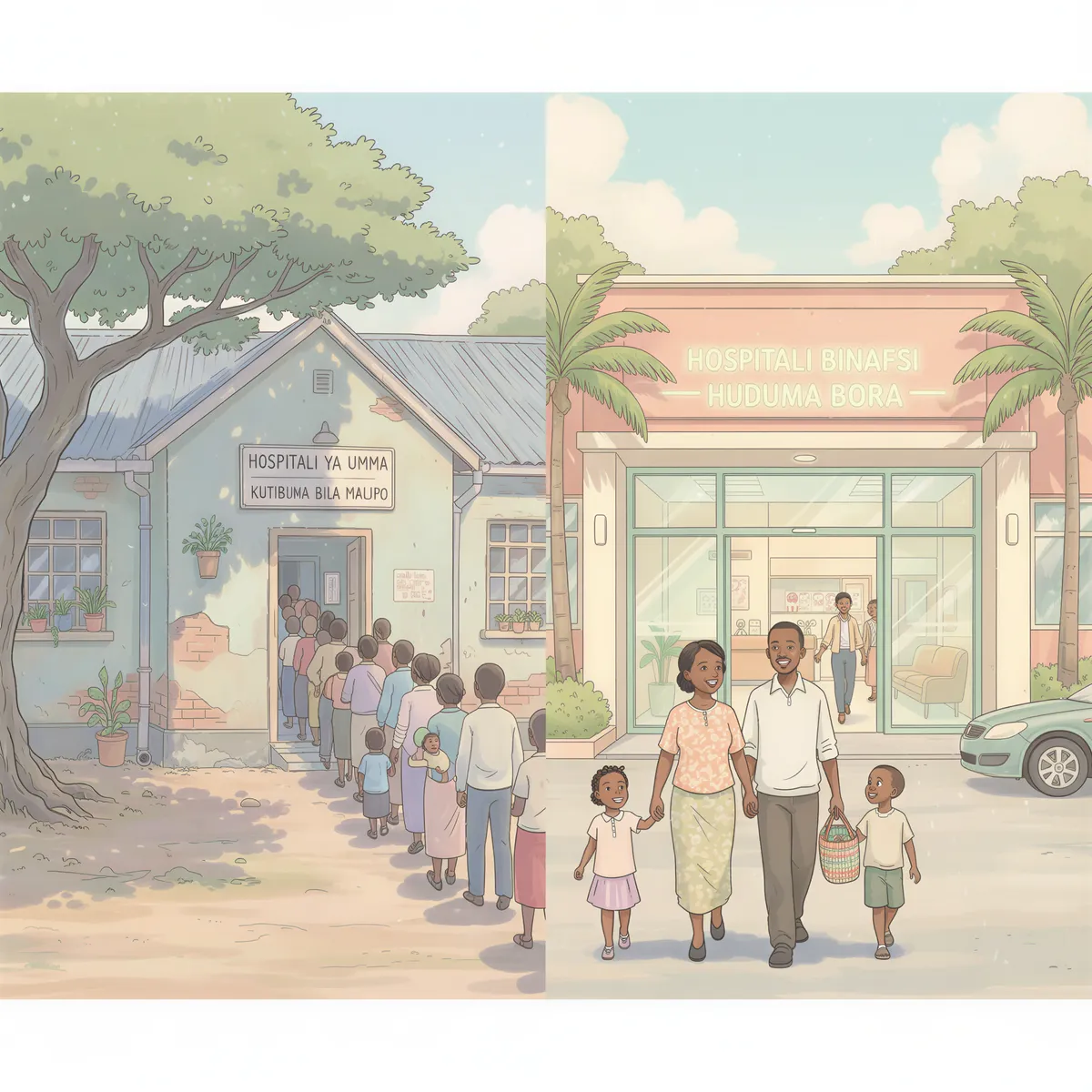 Split-screen Kenyan hospital illustration: public vs private facility side by side