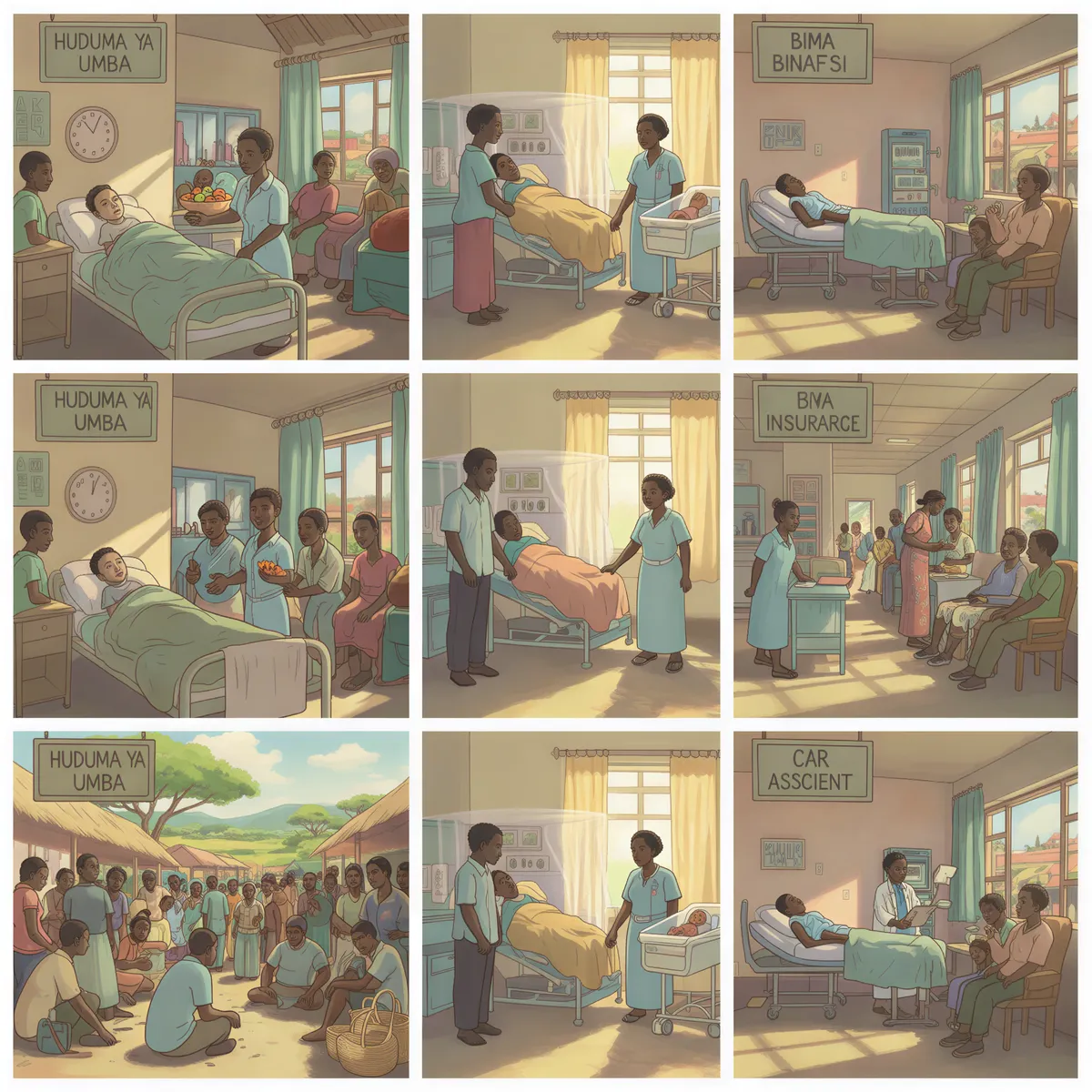 Three healthcare scenarios: malaria, childbirth, car accident—SHA vs private insurance outcomes