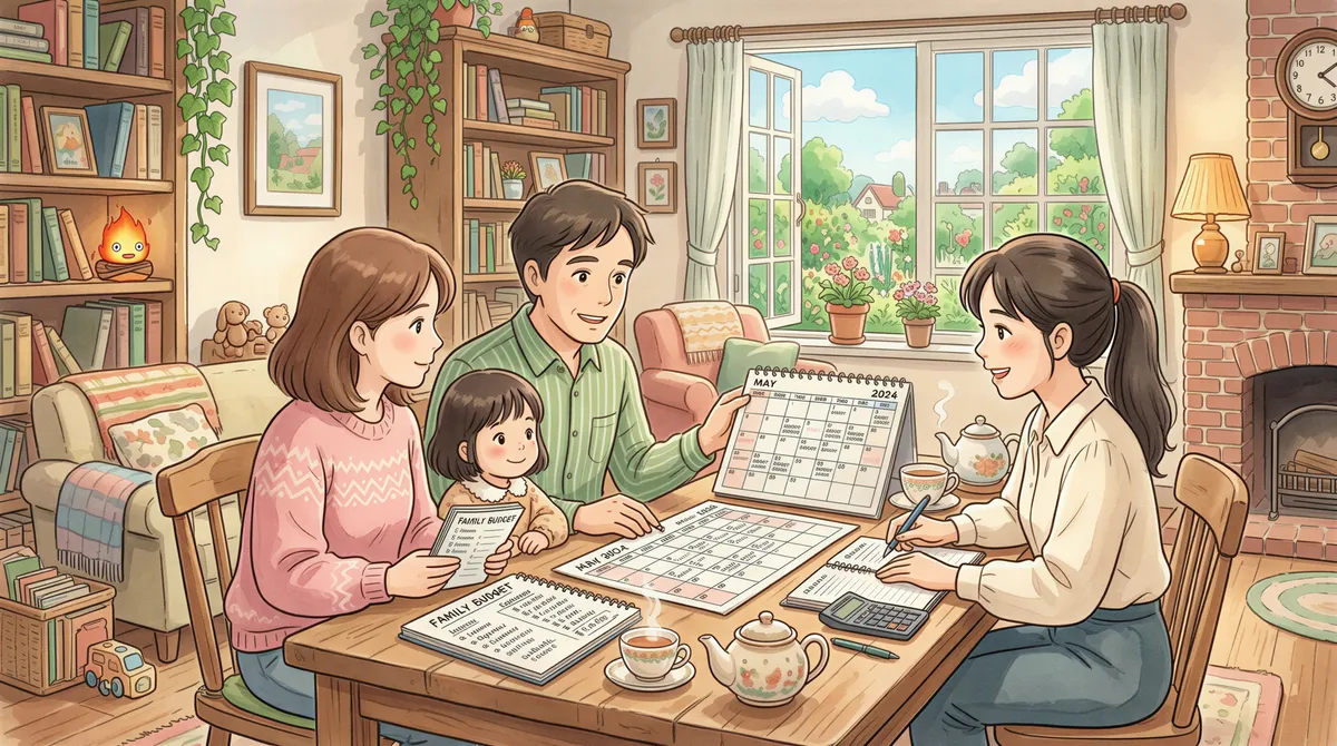 Family budgeting and planning insurance options in a cozy home setting