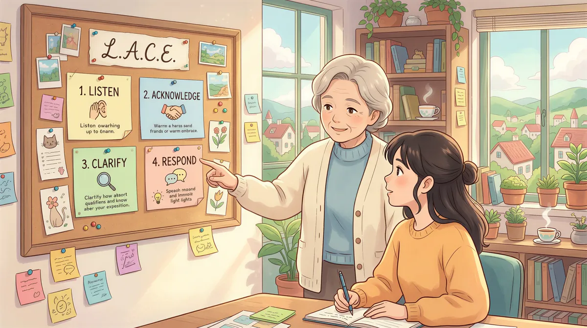 L.A.C.E. method on a corkboard with a mentor guiding a client