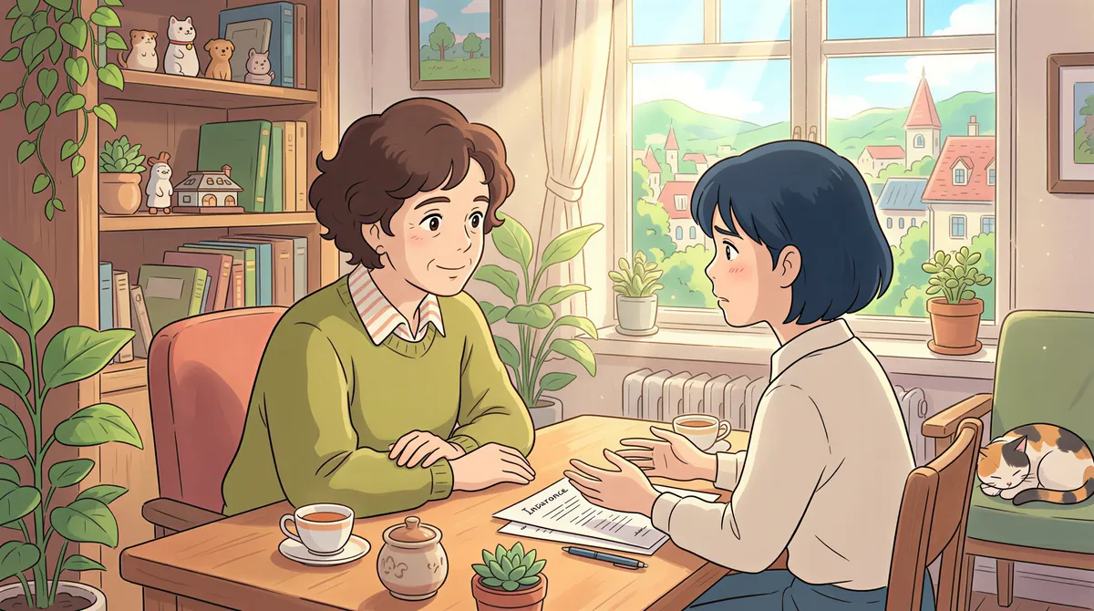 Insurance agent empathetic listening to objections in a warm Studio Ghibli-inspired setting