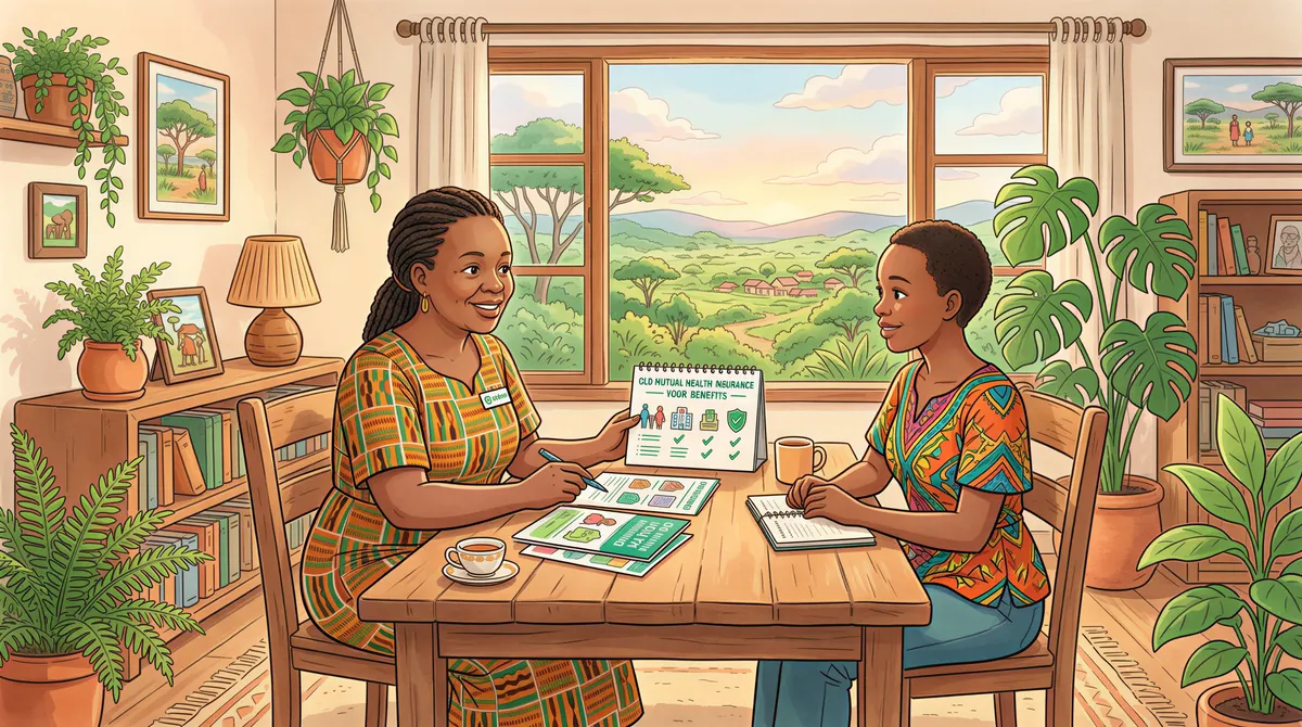 Kenyan insurance agent explains Old Mutual health insurance overview to a client