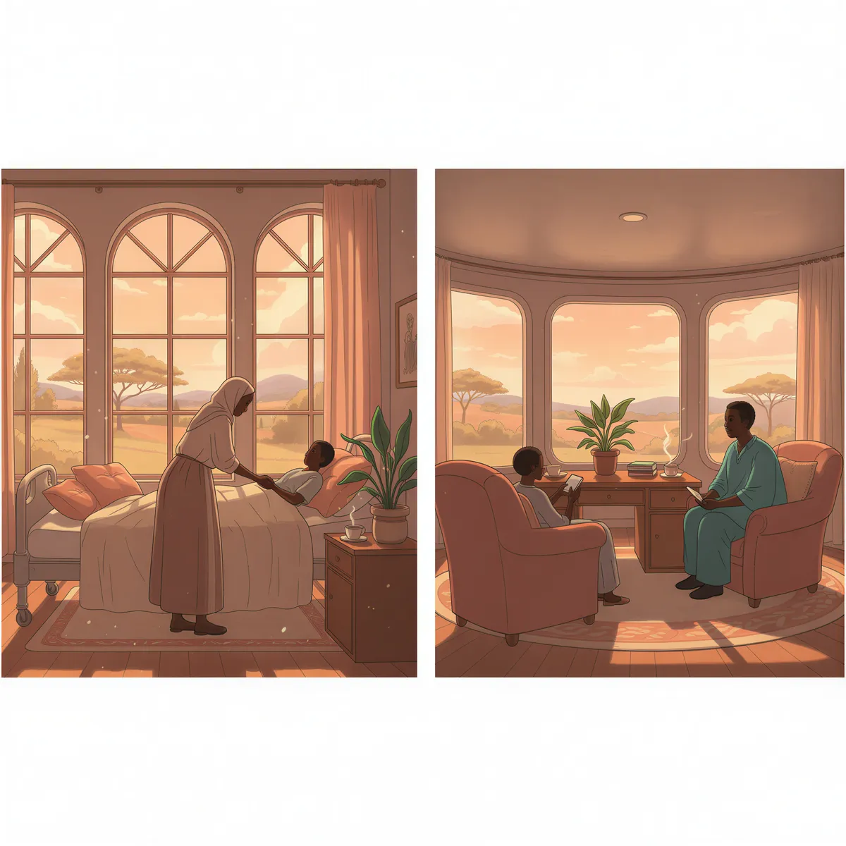 Split-screen Studio Ghibli illustration contrasting inpatient hospital admission on the left with outpatient doctor visit on the right, Kenya