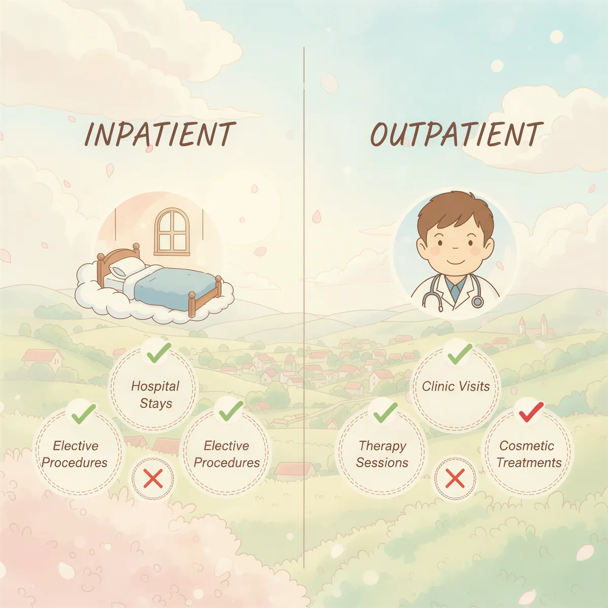 Infographic-style illustration showing inpatient vs outpatient covers with a bed icon and a doctor icon in Studio Ghibli pastel tones