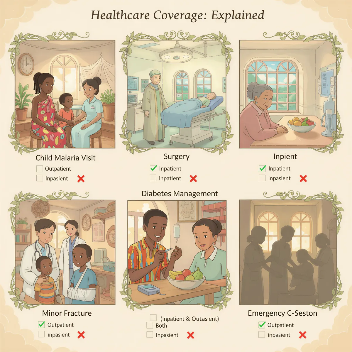 Infographic showing the 5 scenarios with coverage checkmarks and X marks for inpatient/outpatient coverage in Studio Ghibli style