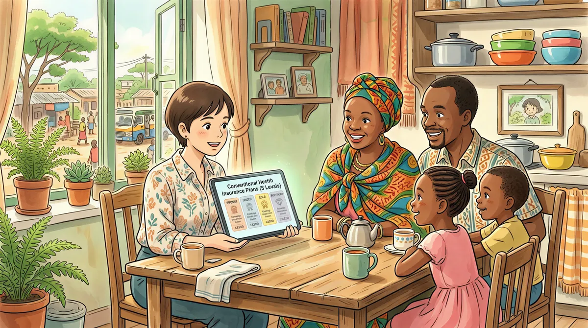 Agent presenting PACIS conventional health insurance plans to a Kenyan family