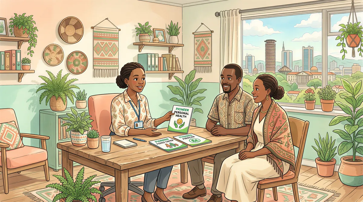 Kenyan insurance agent explains Pioneer health products to client in a cozy office
