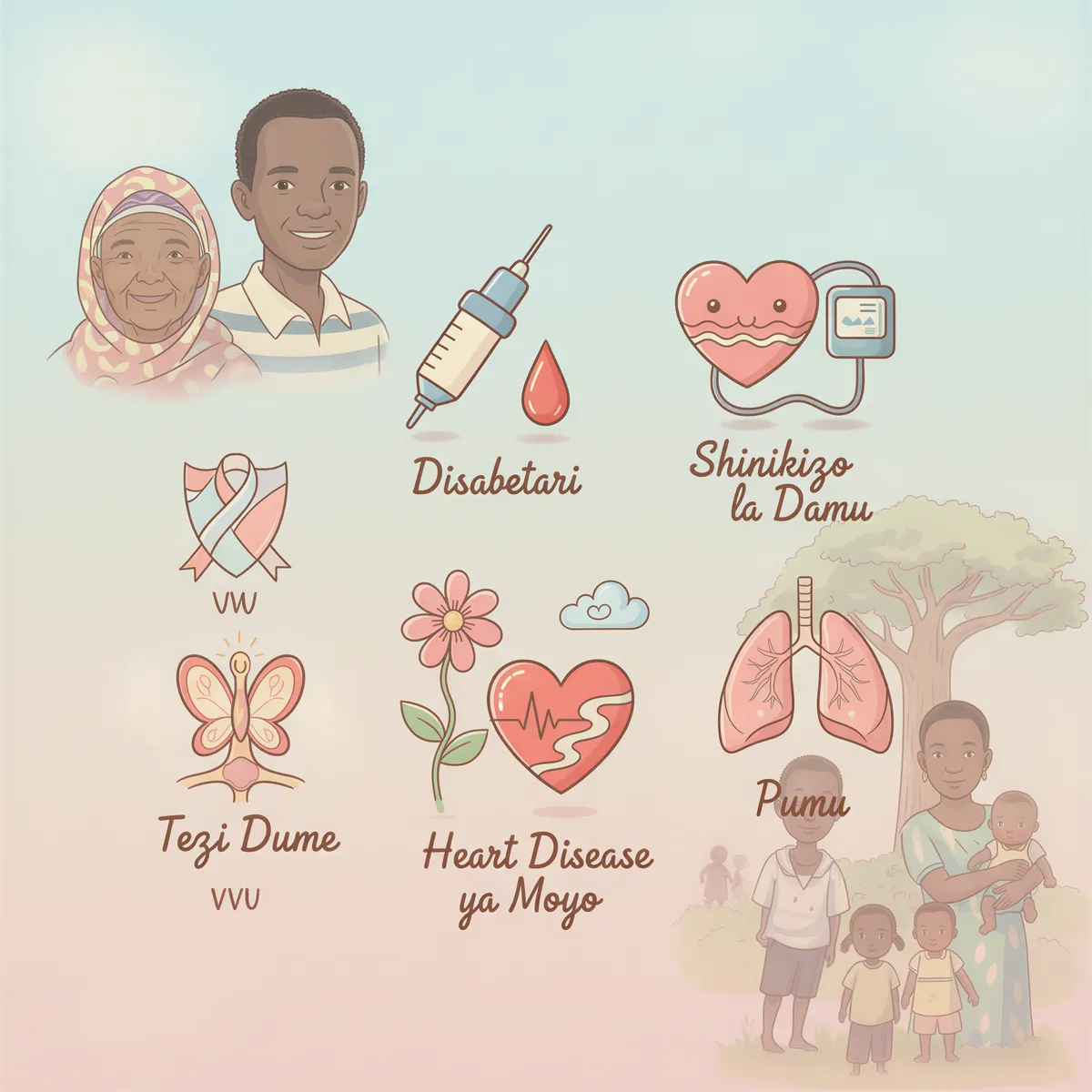 Icons representing common Kenyan pre-existing conditions: diabetes, hypertension, asthma, heart disease, HIV, thyroid