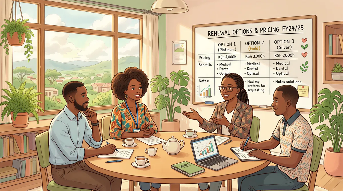 HR and insurer discuss renewal options at a round table with charts in a bright office