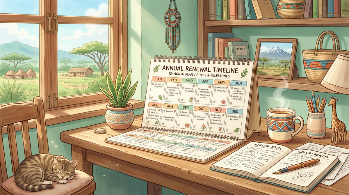 Office desk calendar showing renewal timeline with months before renewal in a warm Studio Ghibli setting