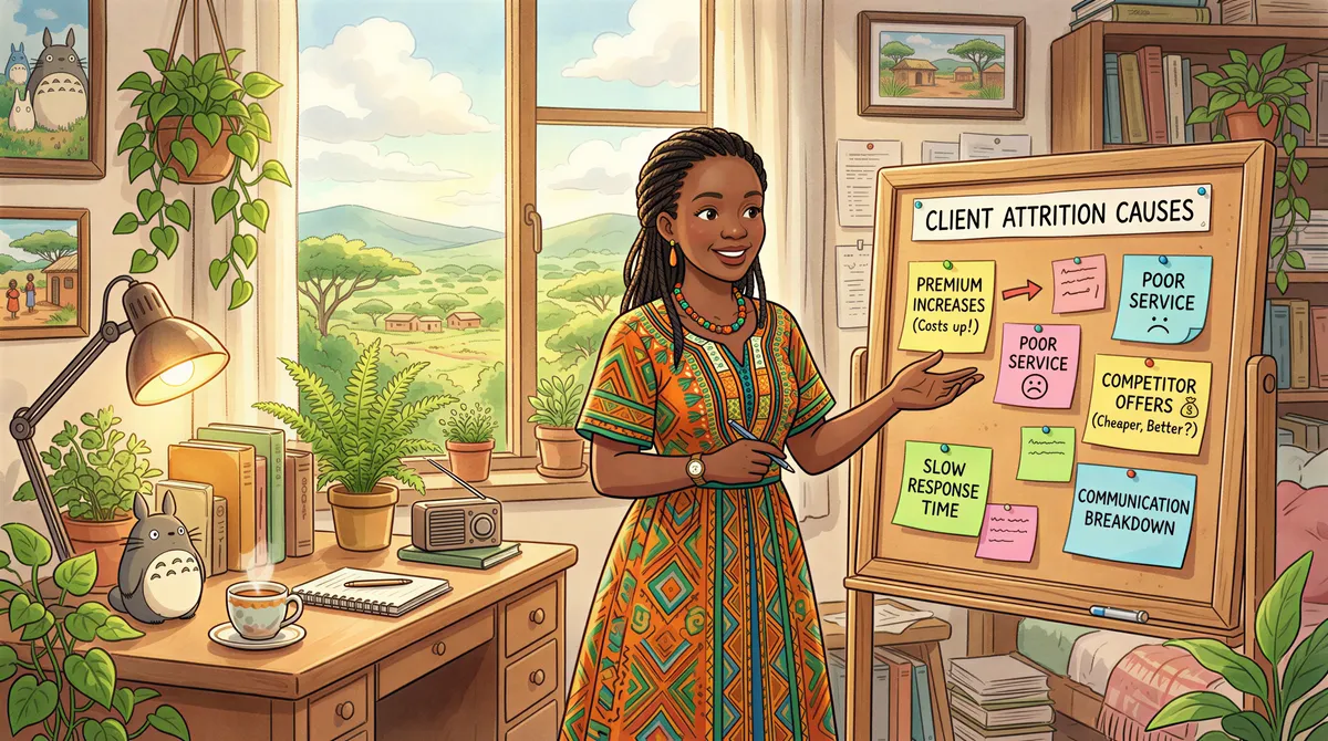 Kenyan HR professional reviewing reasons for client attrition with sticky notes