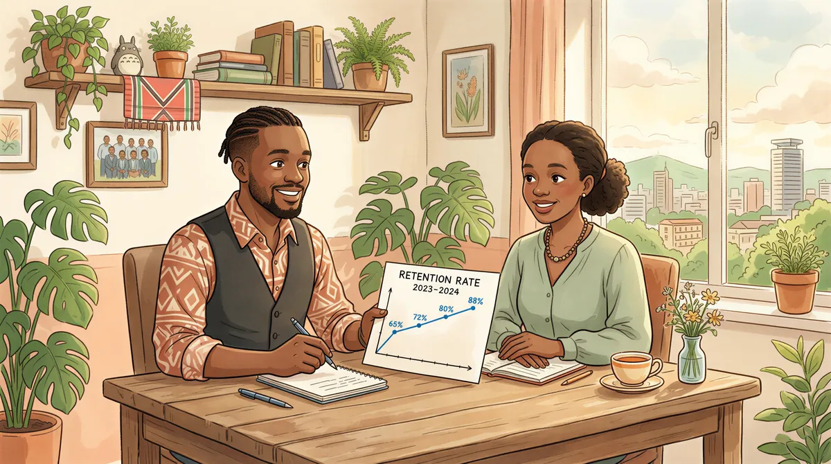 Kenyan insurance agent explains retention importance to HR with charts in a cozy corporate office