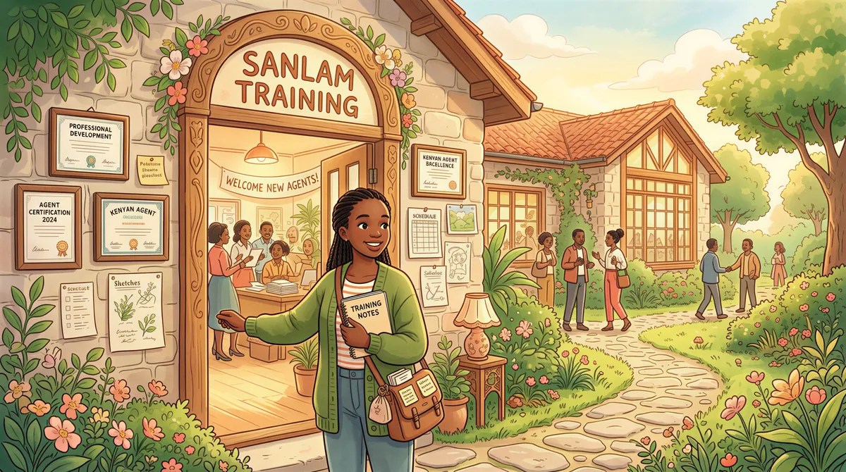 Onboarding journey to become a Sanlam agent with documents and training path in Studio Ghibli style