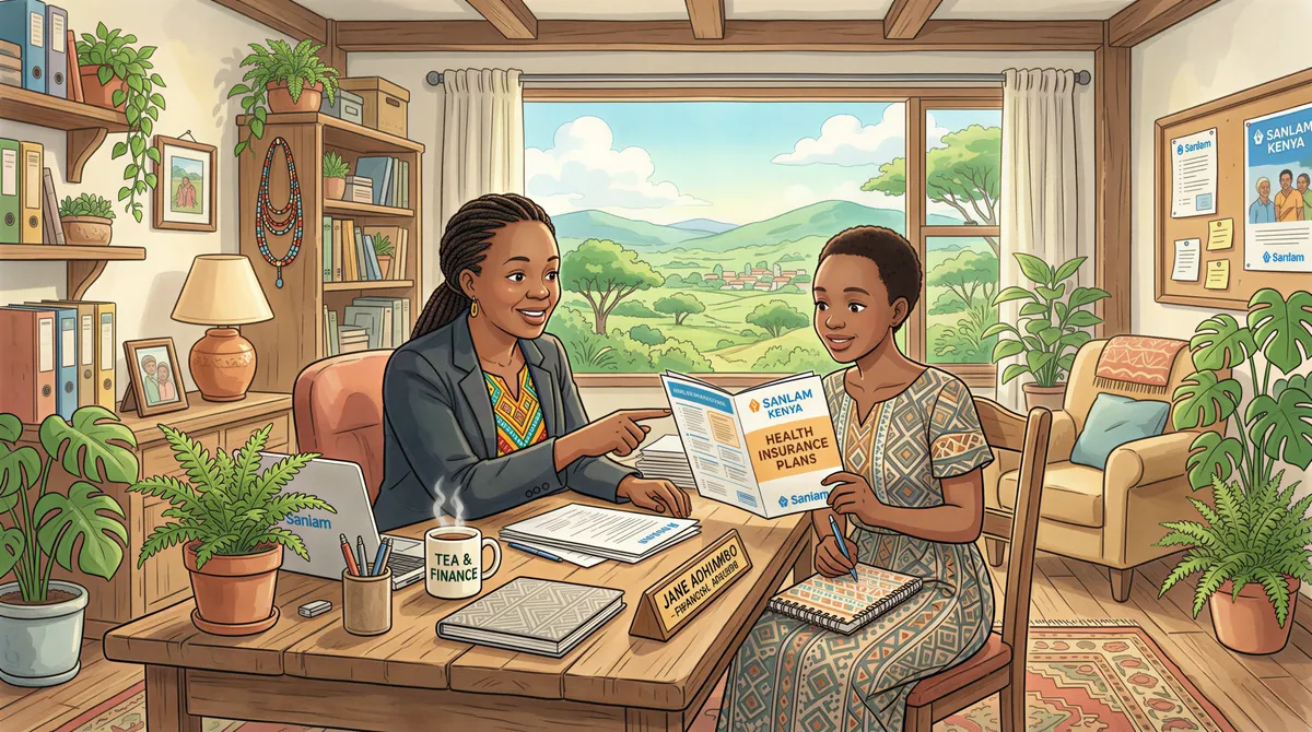 Kenya overview of Sanlam health insurance presented by a friendly agent in a cozy Studio Ghibli-inspired office