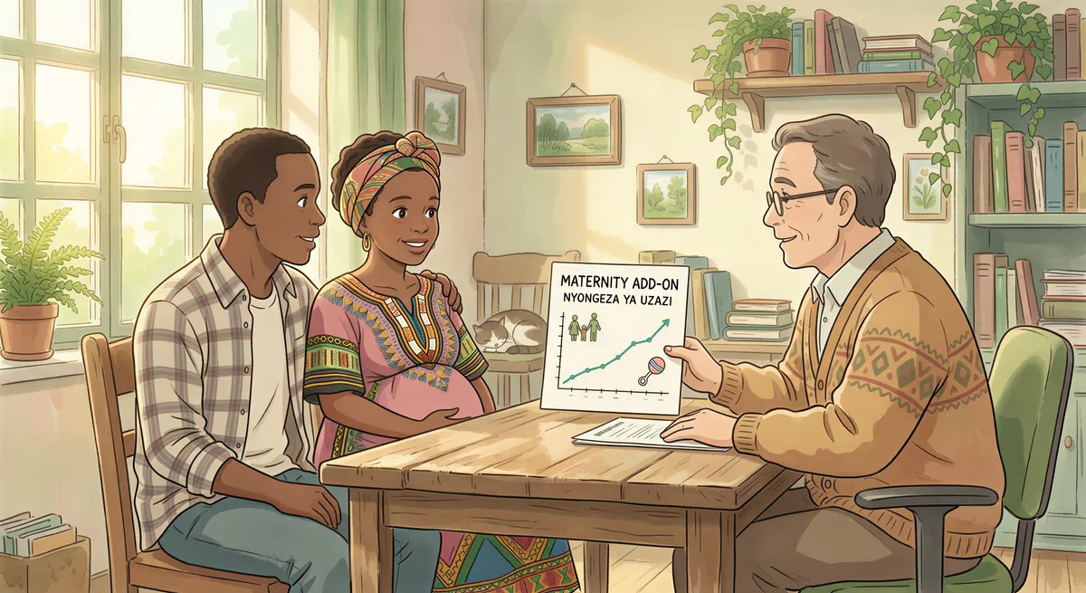 Young Kenyan couple with an advisor discussing maternity upsell value
