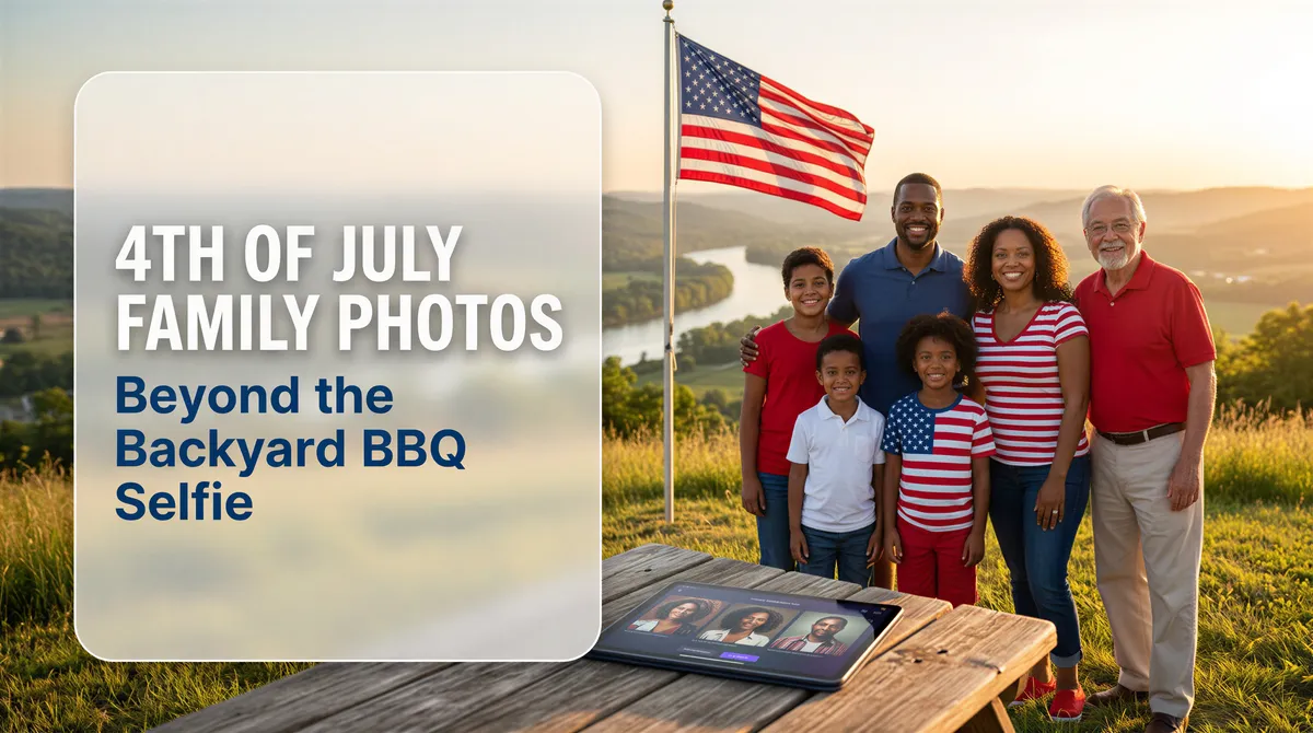 Realistic banner showcasing diverse 4th of July family portraits beyond the backyard selfie