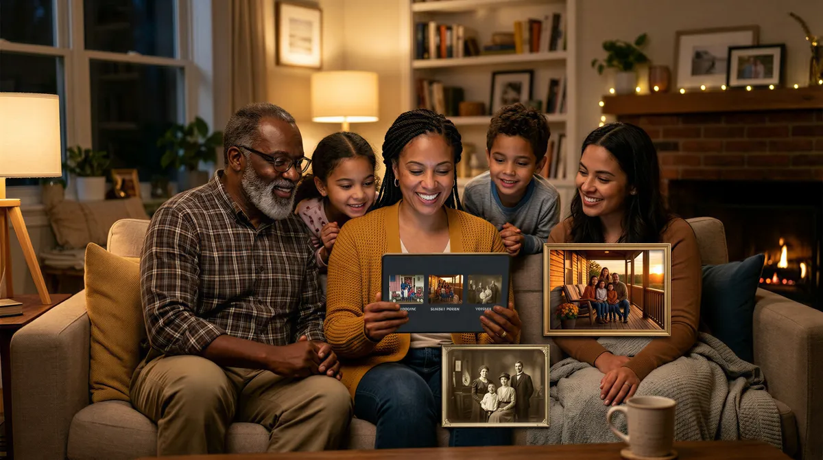 AI portrait generation workflow shown on tablet with multiple family poses