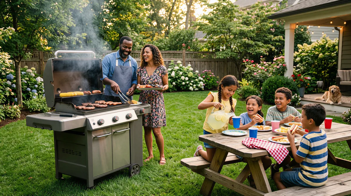 Backyard BBQ styled portrait with family around the grill