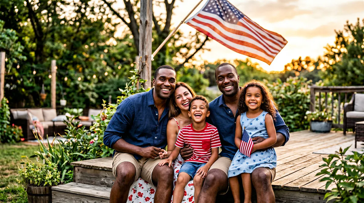 Classic patriotic family portrait with flag and coordinated outfits
