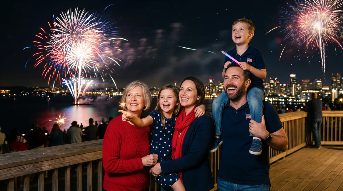 Fireworks night portrait with family in foreground