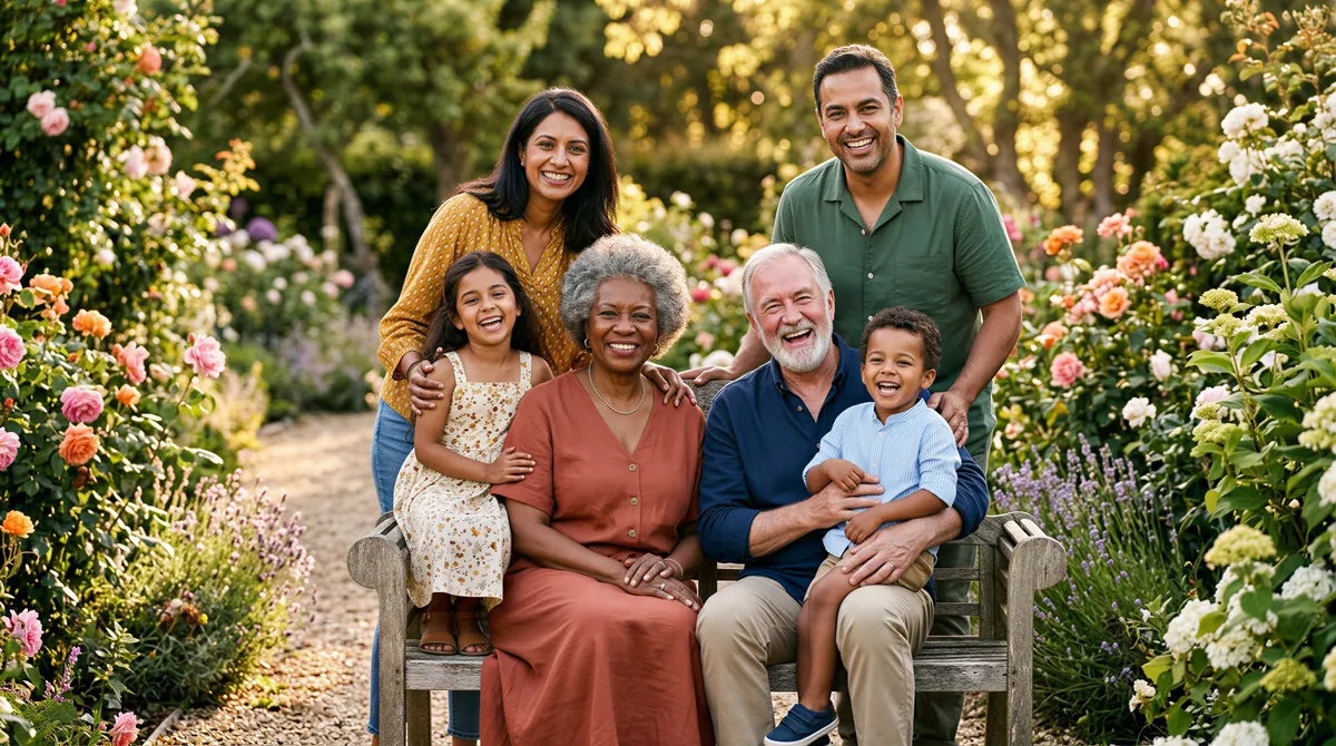 Generations group portrait featuring grandparents, parents and kids