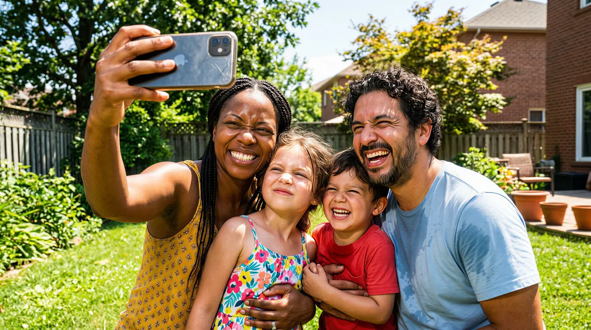 Overheated family posing selfies under harsh midday sun for 4th of July