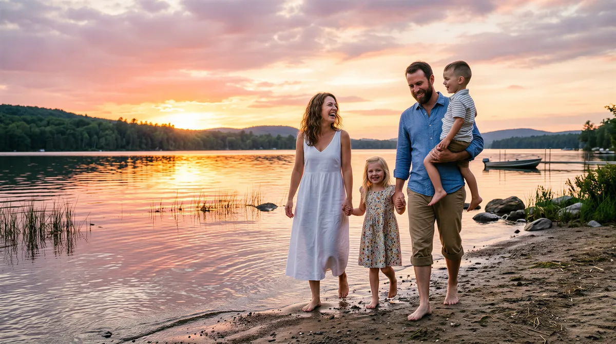 Family portrait at lake or beach during sunset with casual summer outfits