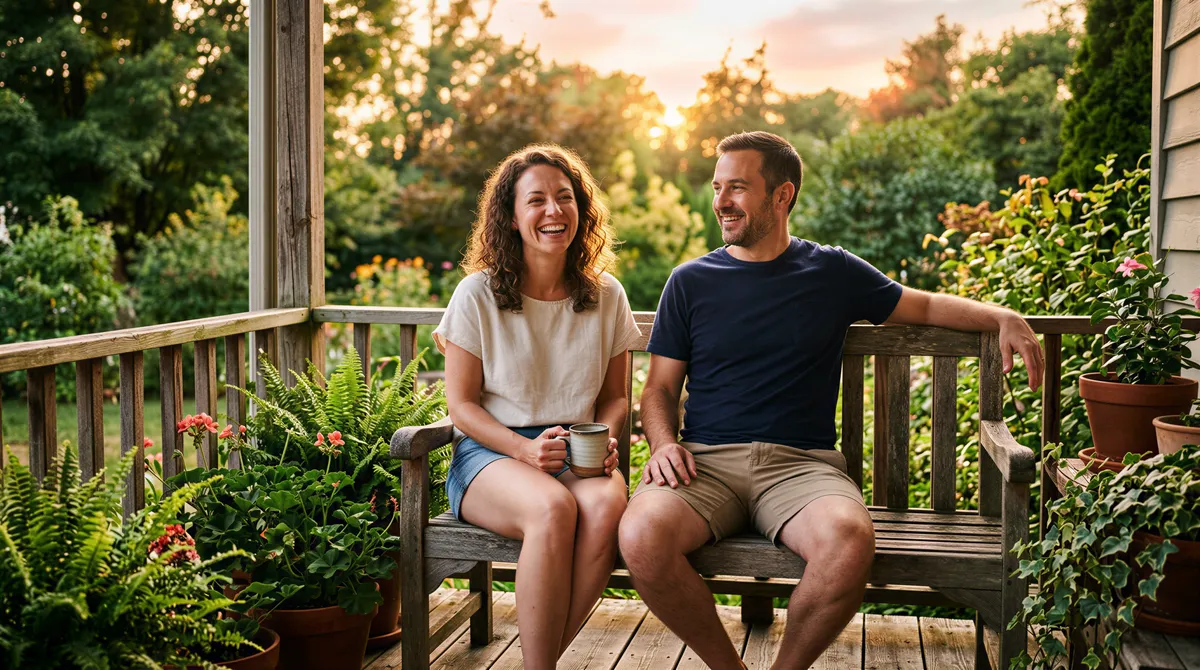 Sunset porch portrait with family on front porch at golden hour