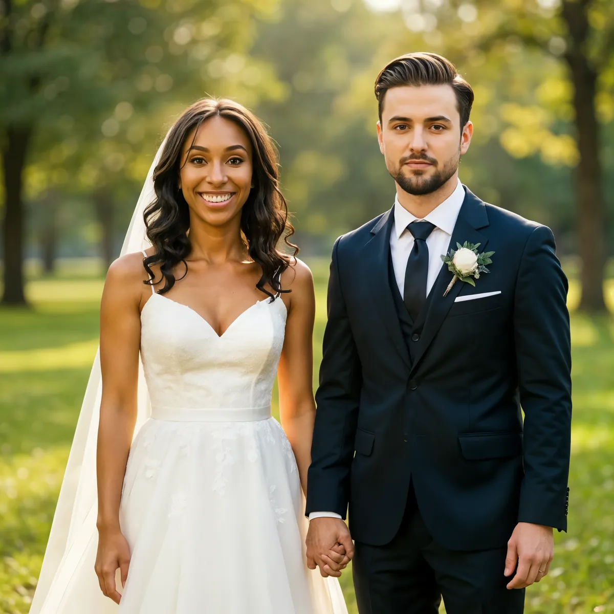 Smiling bride and groom holding hands, dressed in wedding attire, standing together in a sunlit park surrounded by greenery.