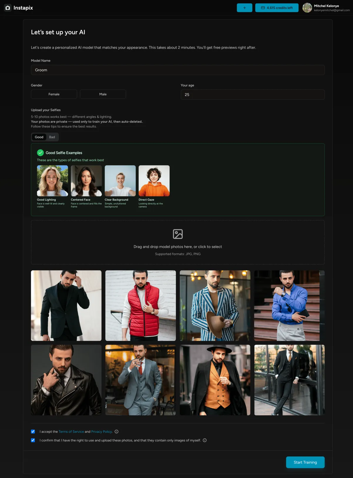 User interface for Instapix AI model setup, featuring photo upload section with examples of good selfies, and a display of various images of a male model in stylish outfits.