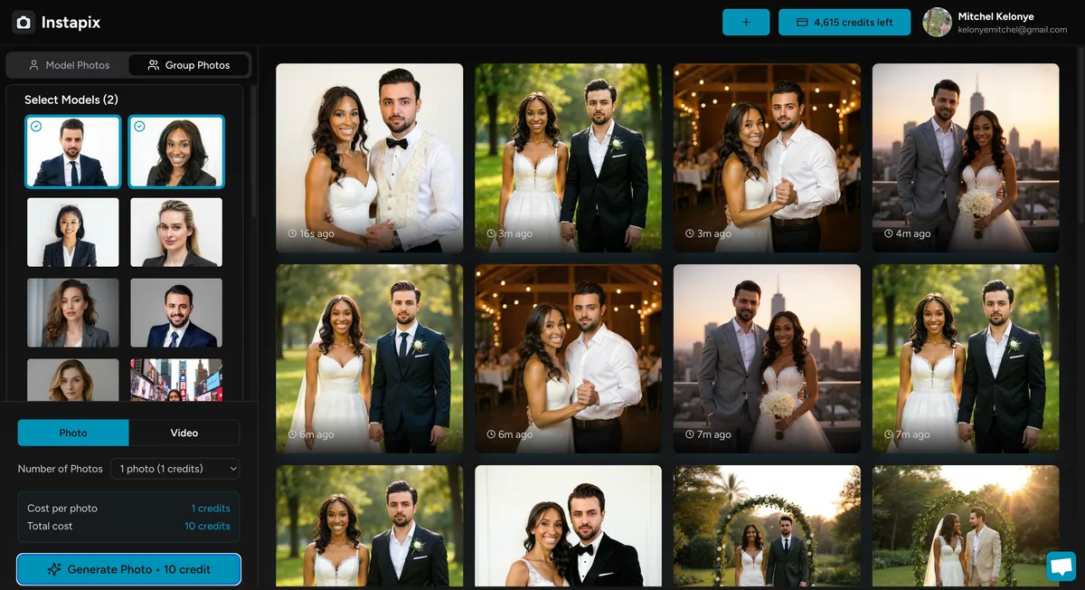 A collection of couple photos showcasing various wedding attire and romantic poses, featuring diverse couples in outdoor and indoor settings, presented in a grid layout on the Instapix platform.