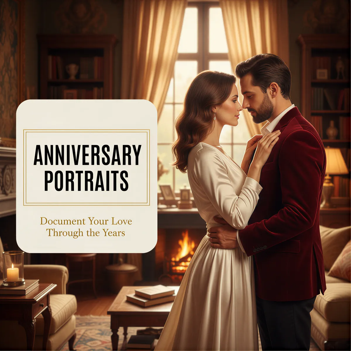 Hyper realistic, photo-realistic style, sharp focus, detailed lighting. A sophisticated and deeply romantic portrait of a couple in their late 30s embracing gently in a warmly lit, upscale living room setting. The mood is intimate and timeless, using a warm, rich color palette (deep reds, golds, cream). Text overlay prominently displayed: 'Anniversary Portraits: Document Your Love Through the Years'. Professional editorial quality, high visual impact.