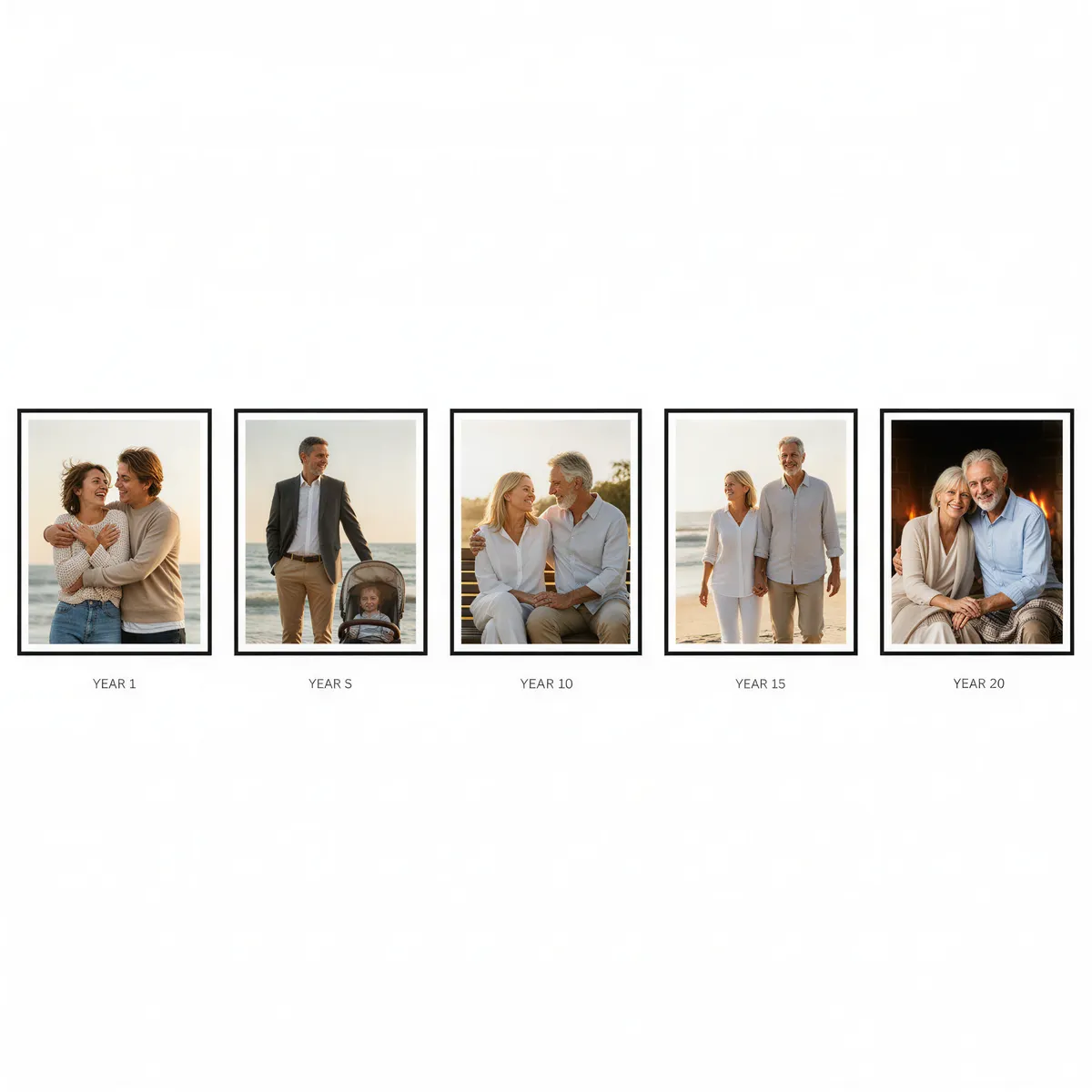Hyper realistic, photo-realistic style, sharp focus, detailed lighting. A sophisticated visual timeline display. Show five distinct, professionally styled couple portraits arranged chronologically (e.g., a 3x5 grid). Each portrait subtly reflects a different stage of life/age progression, illustrating the visual growth of the relationship over two decades. Clean white background for focus.