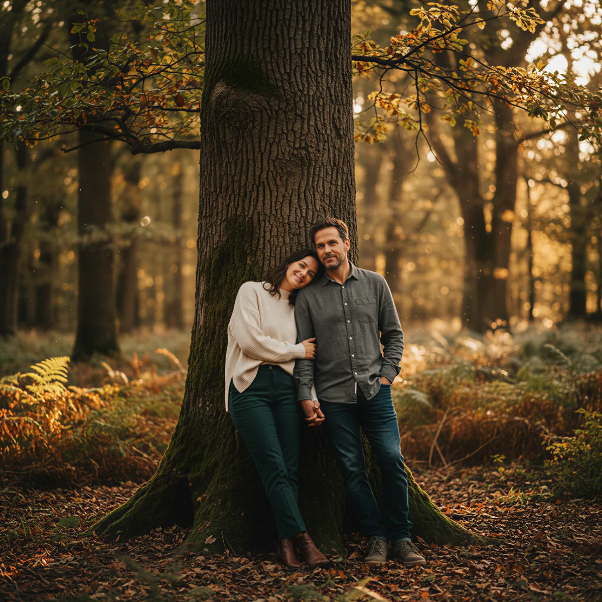 Hyper realistic, photo-realistic style, sharp focus, detailed lighting. A couple portrait taken outdoors in a sun-dappled, mature forest (wood theme). They are leaning against a large, textured tree trunk, dressed in comfortable, sophisticated attire. Warm golden hour lighting emphasizes established, comfortable love.