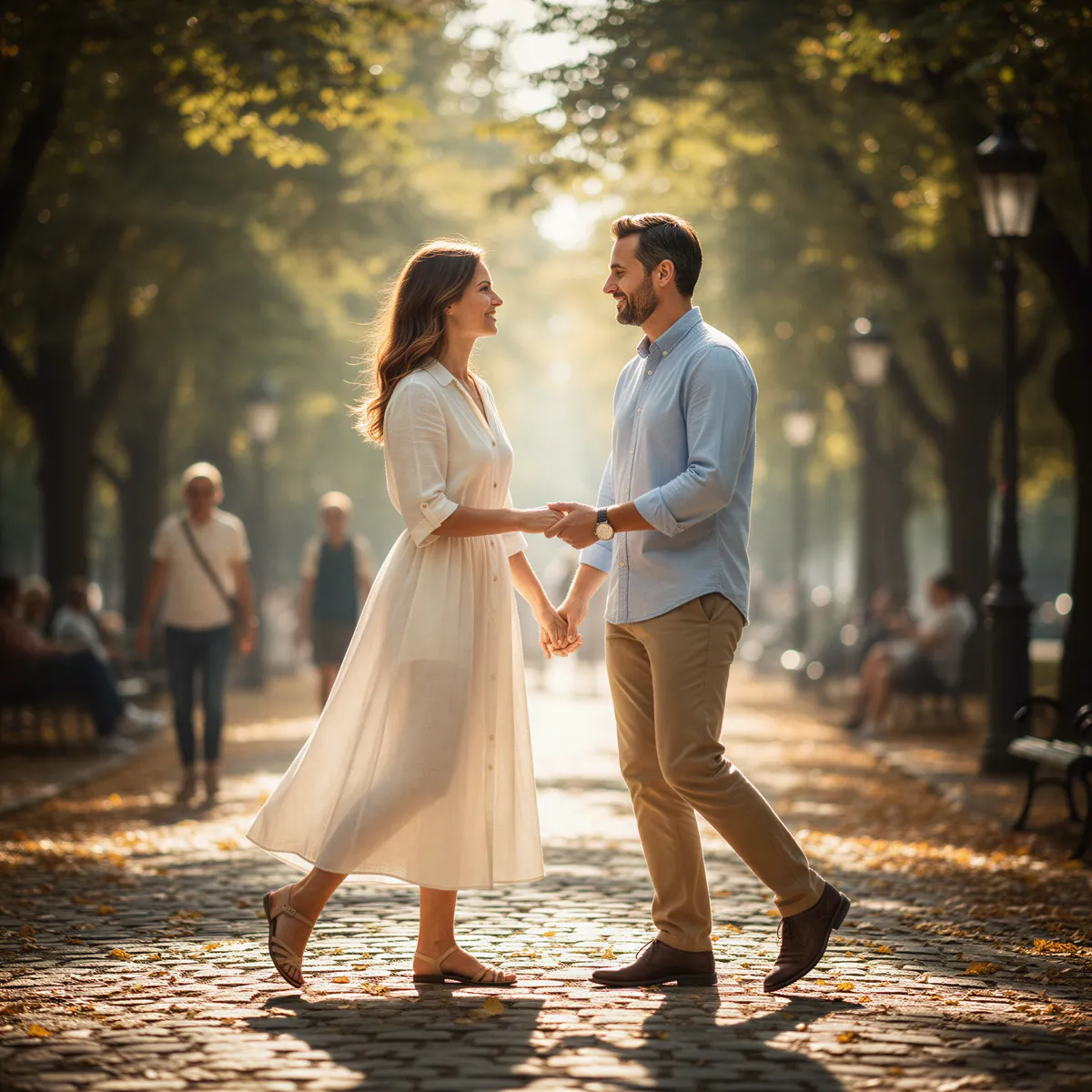 Hyper realistic, photo-realistic style, sharp focus, detailed lighting. A couple taking a genuine, silent pause while walking outdoors (perhaps a park path), facing each other and holding hands, smiling softly. The scene captures a moment of intentional connection amidst movement. Bright, natural daylight.