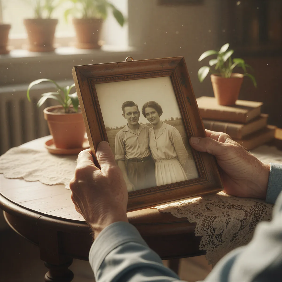 Hyper realistic, photo-realistic style, sharp focus, detailed lighting. A close-up shot of an elderly couple's hands gently holding a beautifully aged, framed portrait of them from years ago. Soft, nostalgic lighting emphasizes the texture and memory. Color palette: sepia tones mixed with soft modern light.