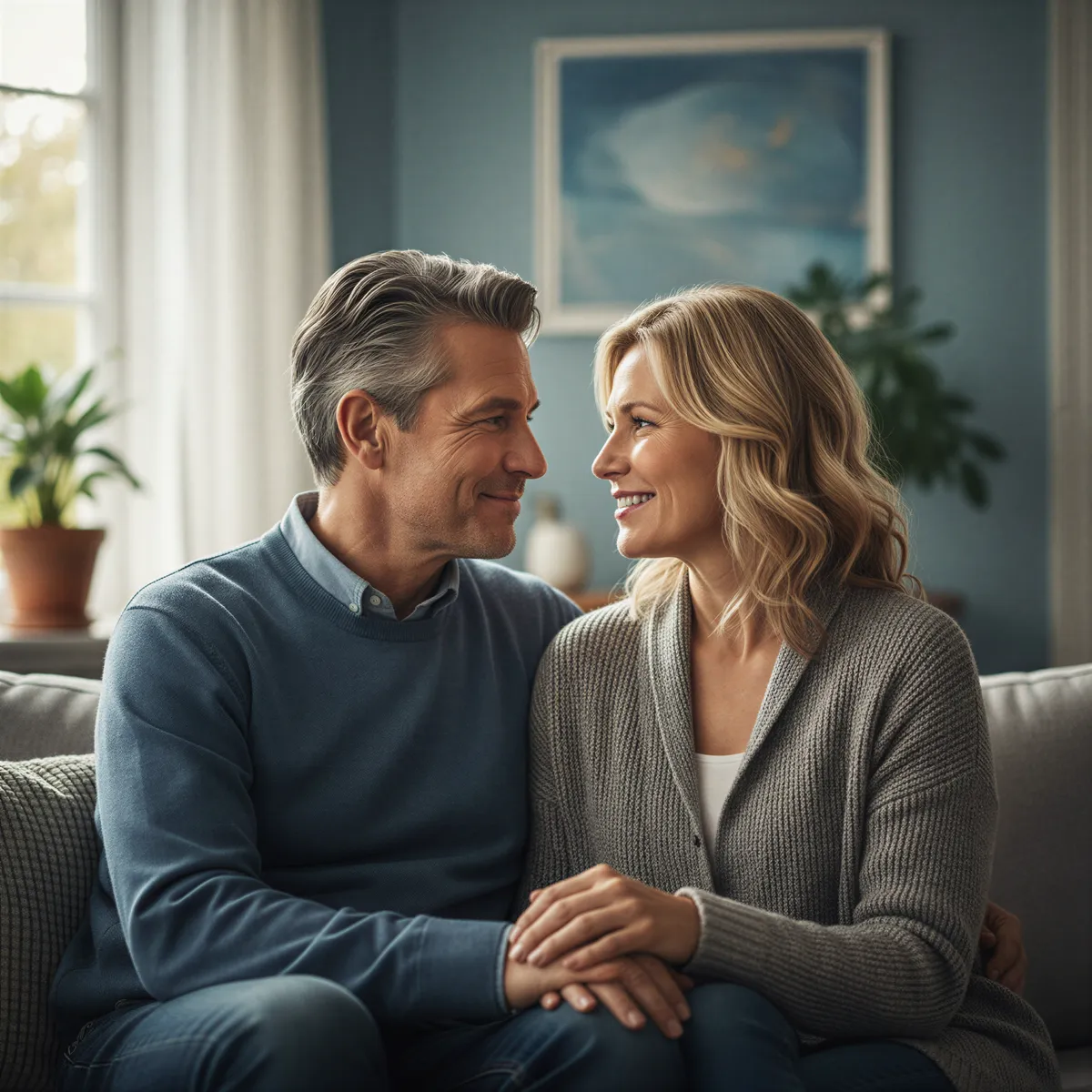 Hyper realistic, photo-realistic style, sharp focus, detailed lighting. A portrait of a happy couple in their 40s, sitting closely on a modern sofa, sharing a knowing, mature gaze. The lighting is soft window light, suggesting comfort and depth. Color palette: muted blues and warm grays. Focus on the connection and history in their eyes.