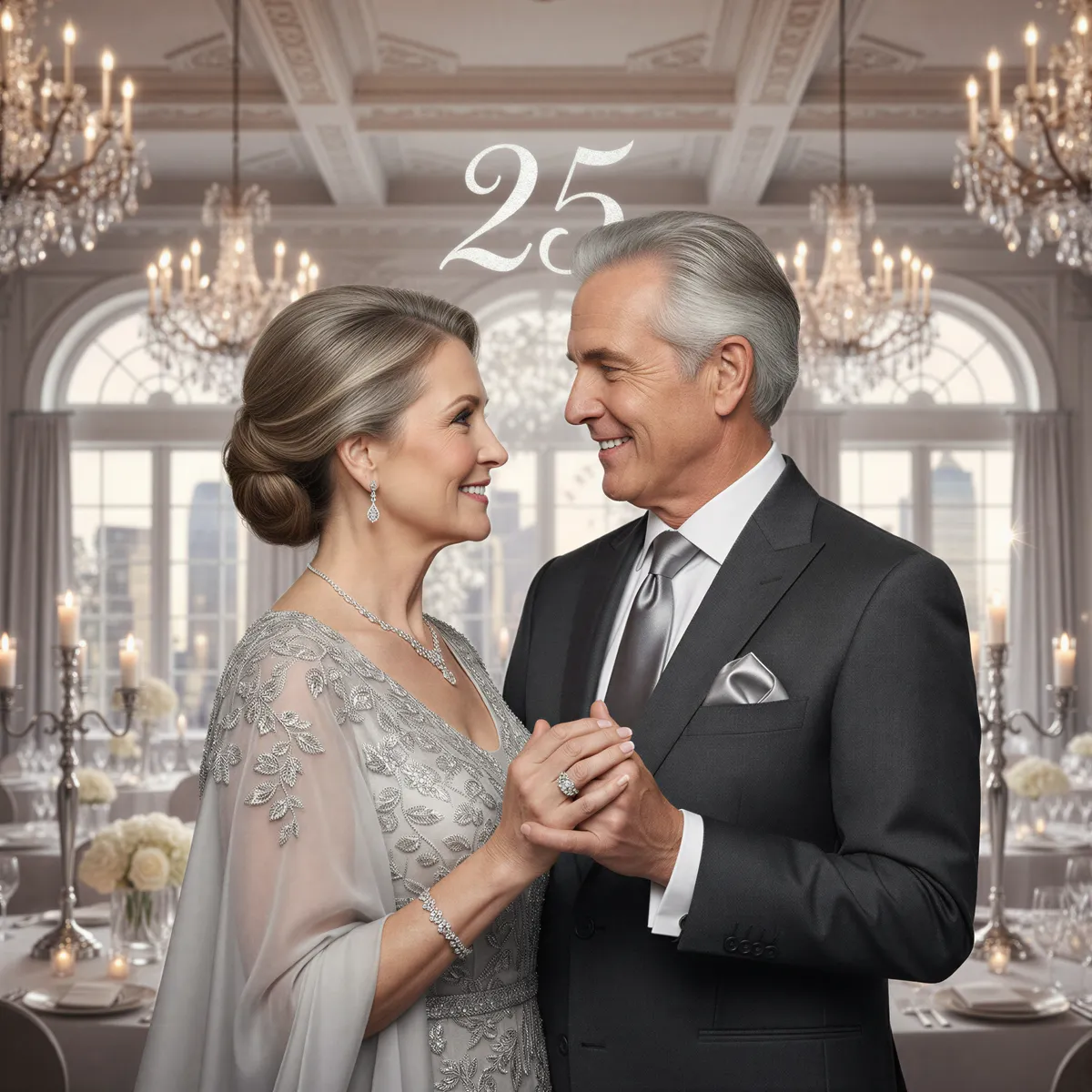 Hyper realistic, photo-realistic style, sharp focus, detailed lighting. A distinguished couple portrait celebrating 25 years, dressed in formal attire accented with silver jewelry and accessories. The background suggests a sophisticated ballroom or high-end venue, utilizing a clear silver and white color scheme. Emphasize deep, enduring love and milestone achievement.