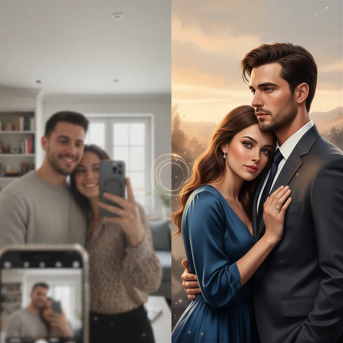 Hyper realistic, photo-realistic style, sharp focus, detailed lighting. A split composition image: on the left, a slightly blurry, casual smartphone selfie of a contemporary couple; on the right, a stunning, highly detailed, AI-generated romantic portrait of the same couple, symbolizing the transformation. Clean, modern aesthetic.