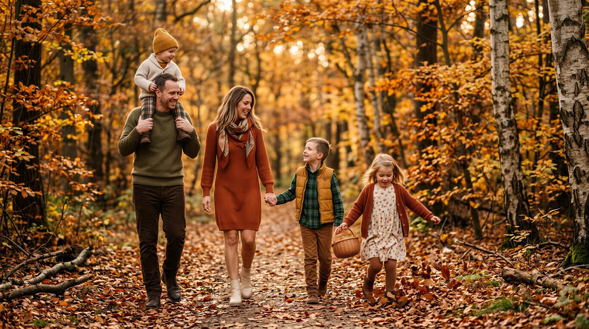 Earth tone outfits (olive, rust, cream, mustard) in autumn outdoor setting