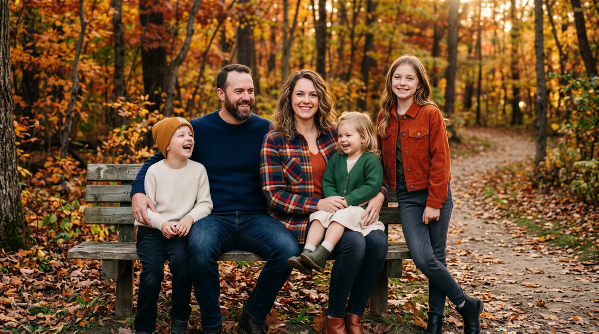 Plaid anchor with solid neutrals in a family portrait