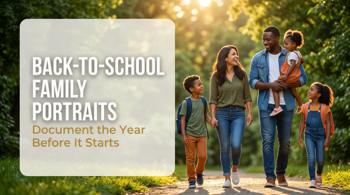 Back-to-School Family Portraits banner illustrating late-summer portrait window
